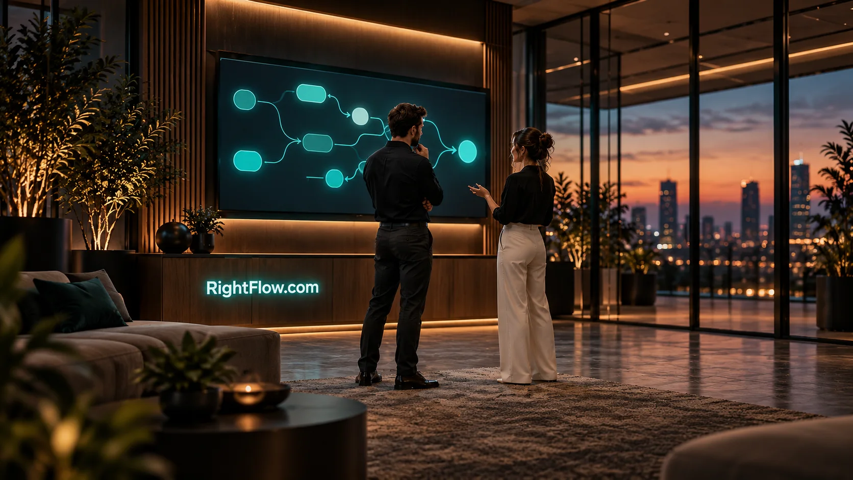 Two professionals review a glowing workflow display in a modern operations studio at dusk, with an illuminated teal RightFlow.com sign on the credenza.