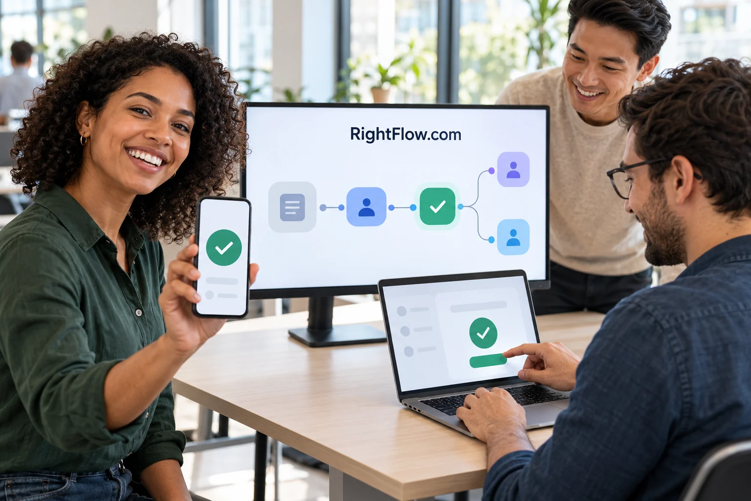 A product designer arranging connected workflow blocks on a display in a RightFlow.com studio.