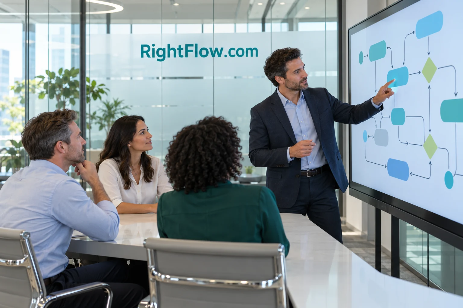 Consultants reviewing a process diagram together in a RightFlow.com meeting room.