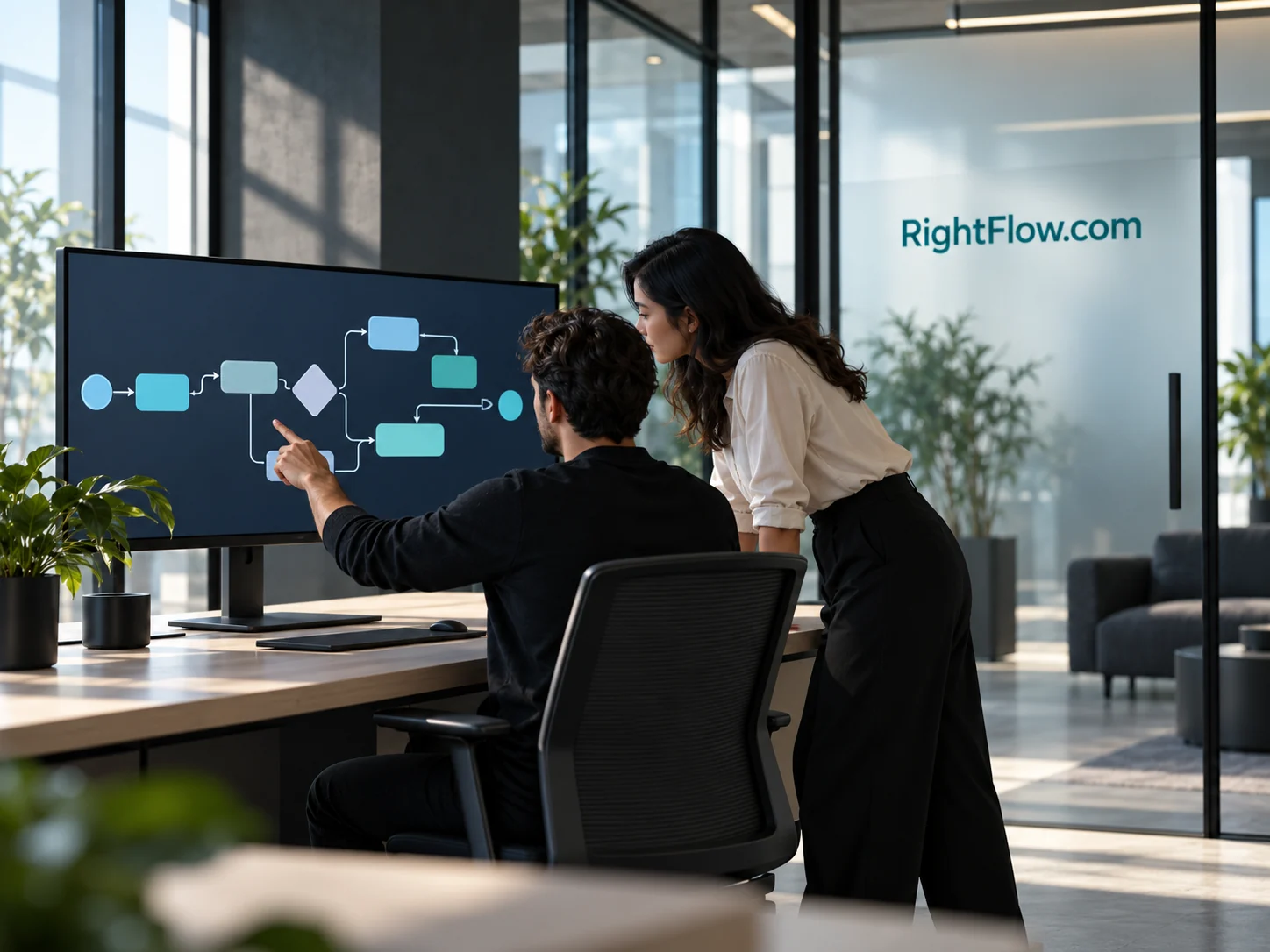 A professional reviews workflow blocks beside a glass door marked RightFlow.com.
